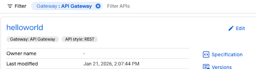 helloworld API displayed on APIs page in hub