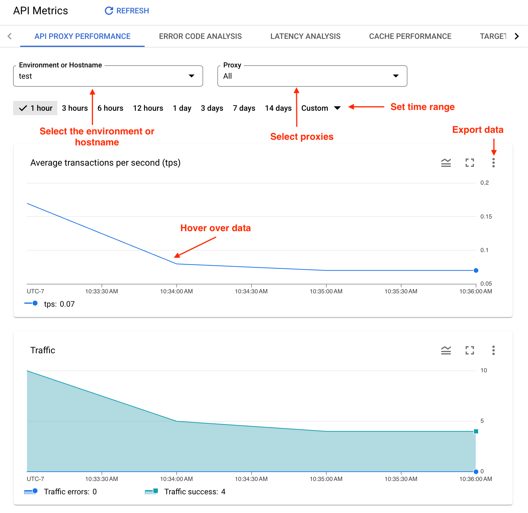 A dashboard labeled Proxy Performance shows where you can select environment, set
time range, export data, hover over data, and refresh data.