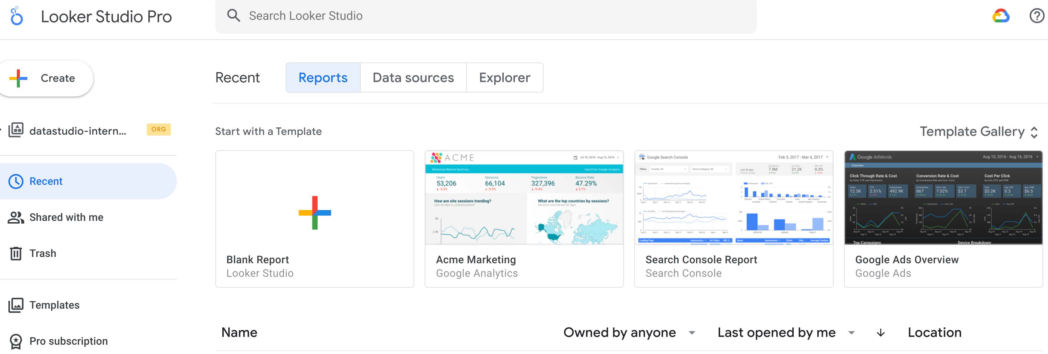 Main Data Studio page.