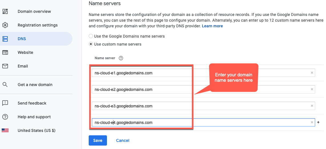 Domain page DNS servers Google domain, Use custom name servers highlighted