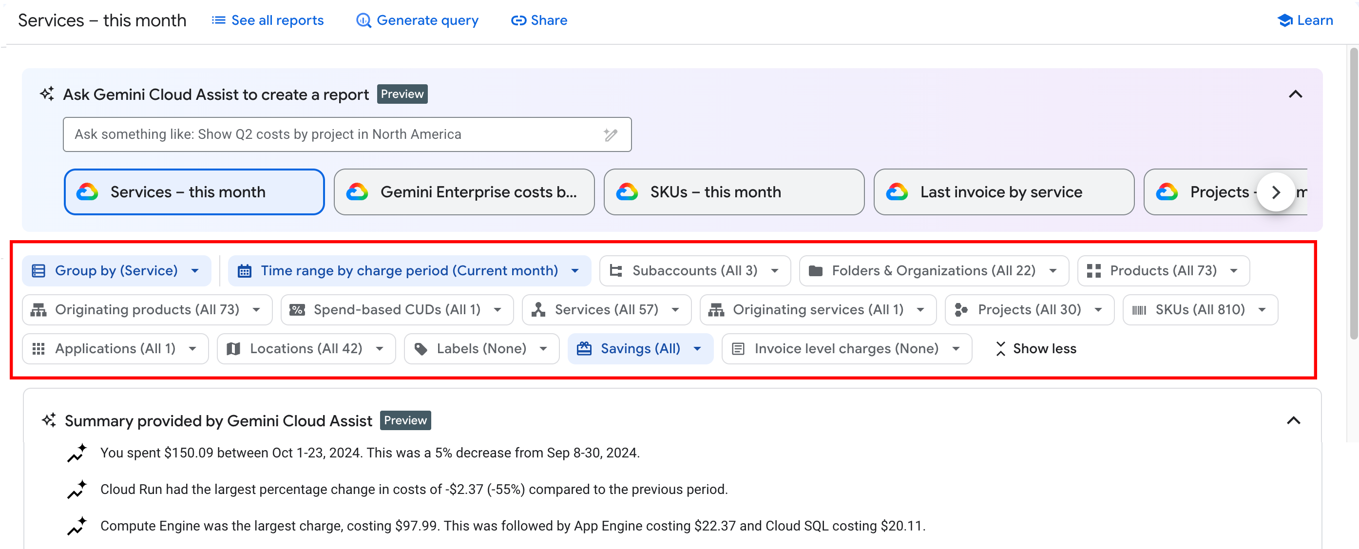 Example of the reports page, showing the report filters in a horizontal
   bar above the report.
