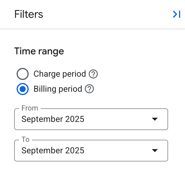 Shows the report's time range setting in the filters panel, with options
     to select charge period or billing period.