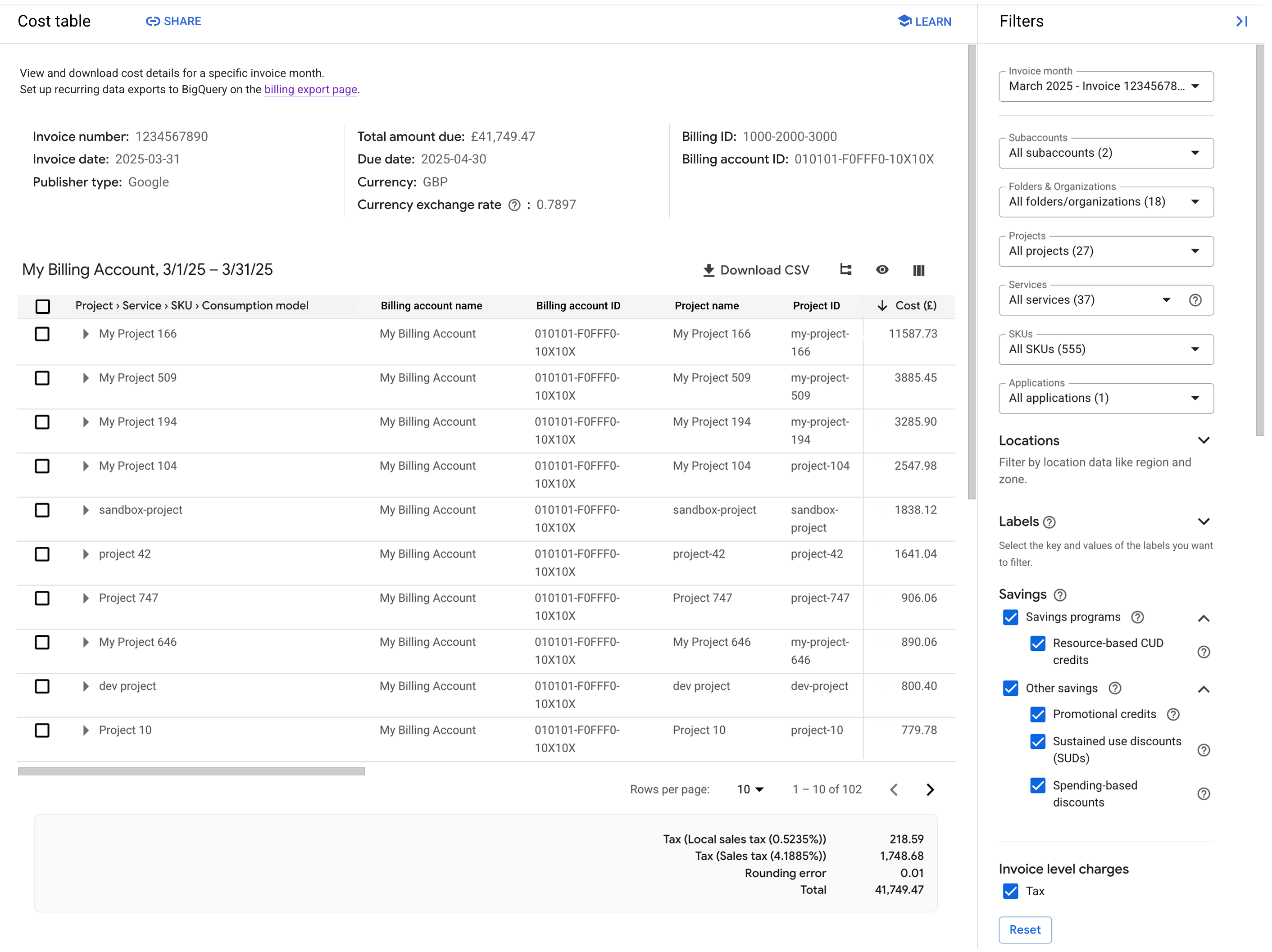 Cost table report with default report settings and filters.
