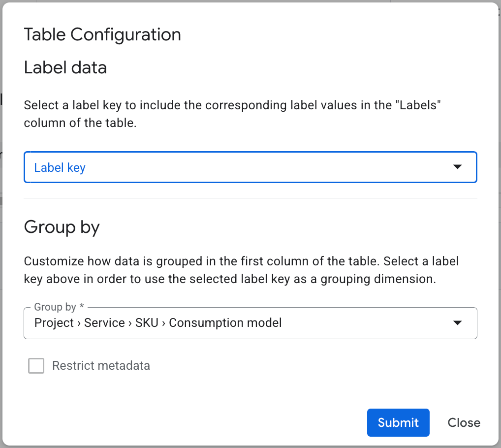 Table configuration dialog.