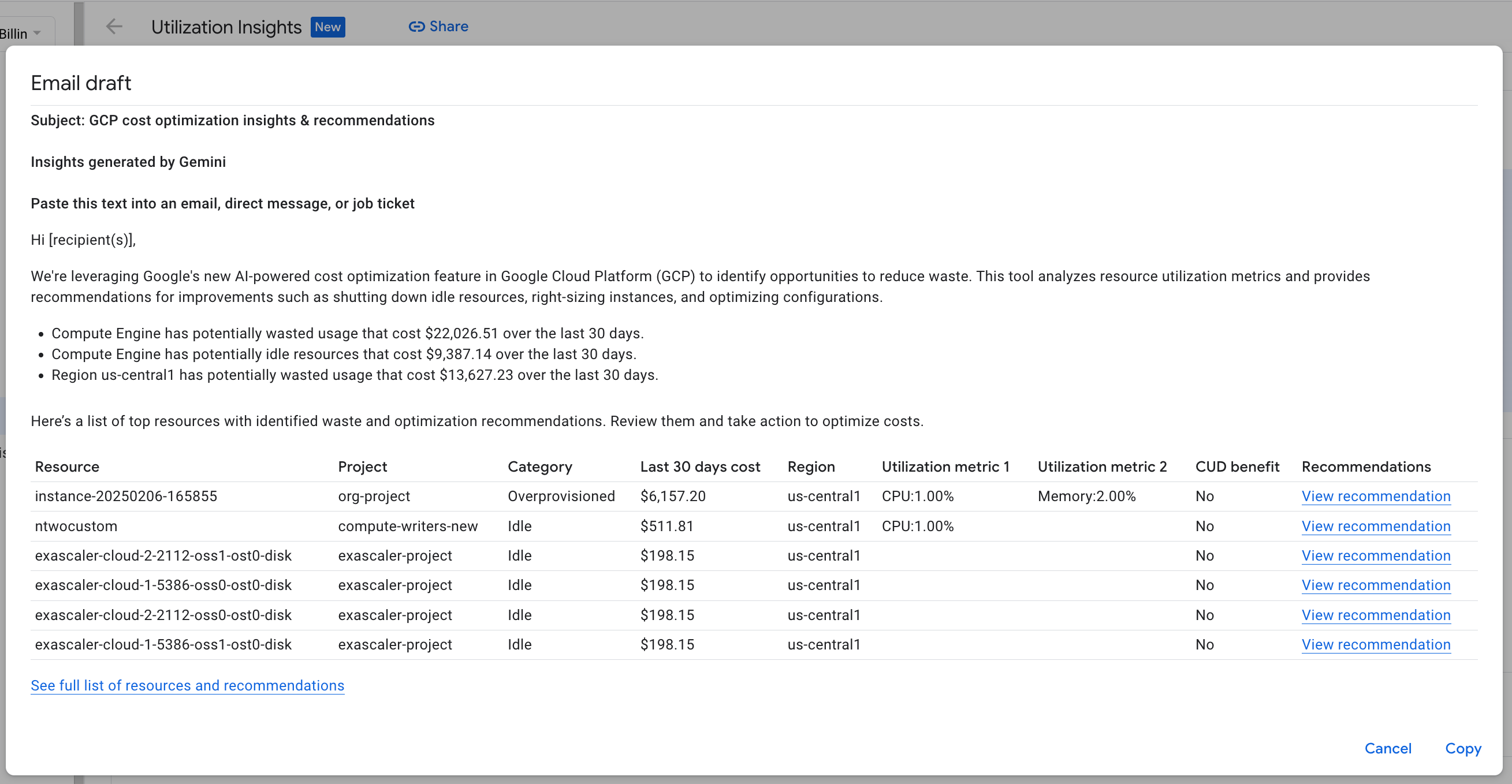Example of an email draft generated by Gemini, with
utilization insights, identified waste, and optimization recommendations.