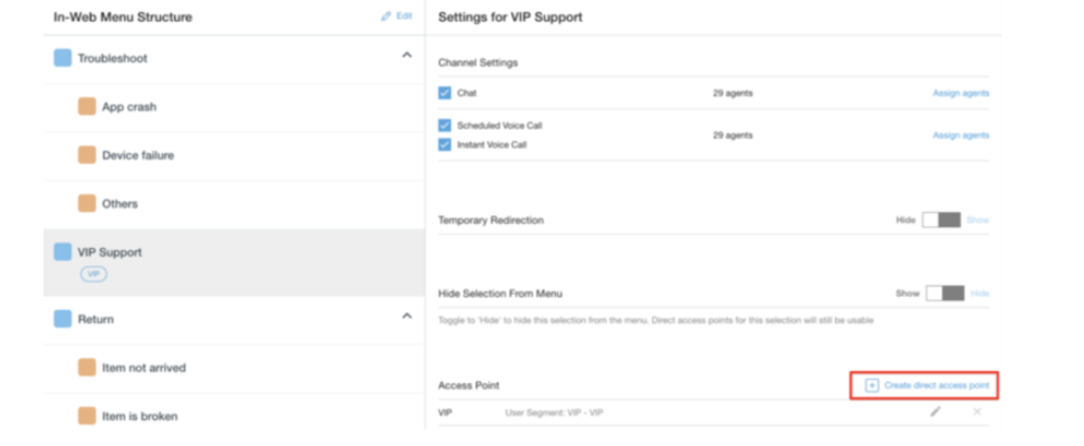 The list of queues and the options for levels of support.