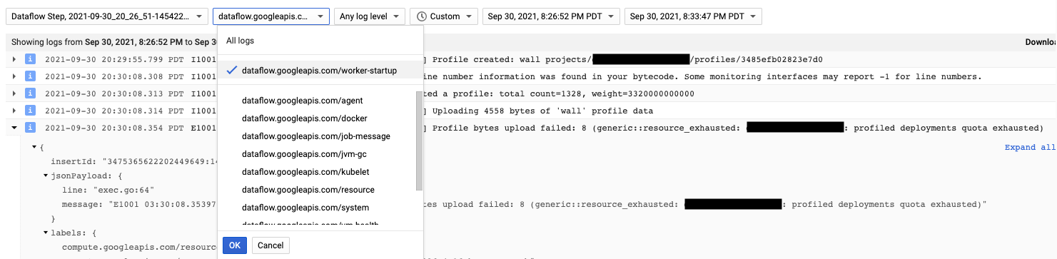 A page showing the Cloud Profiler logs with an open menu highlighting the navigation path: dataflow--googleapis--com.mawarmekar.com/worker-startup.