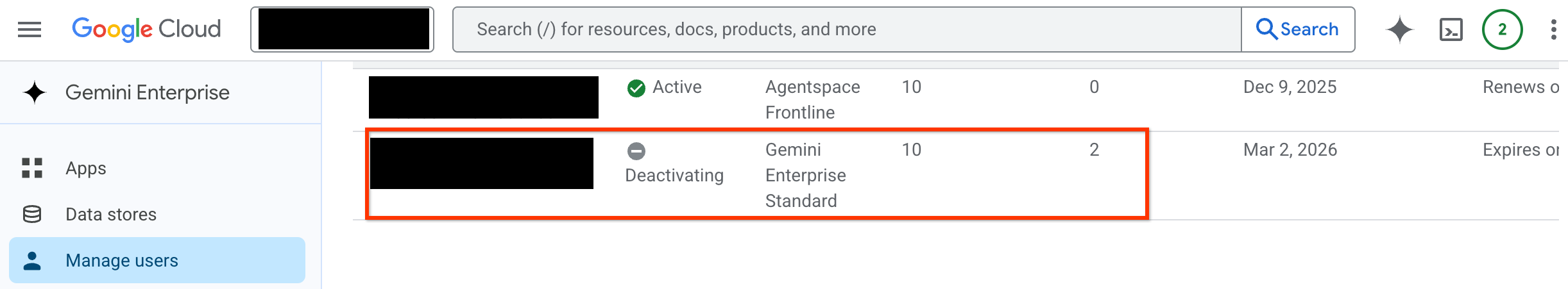 An example of a deactivating license in the Google Cloud console