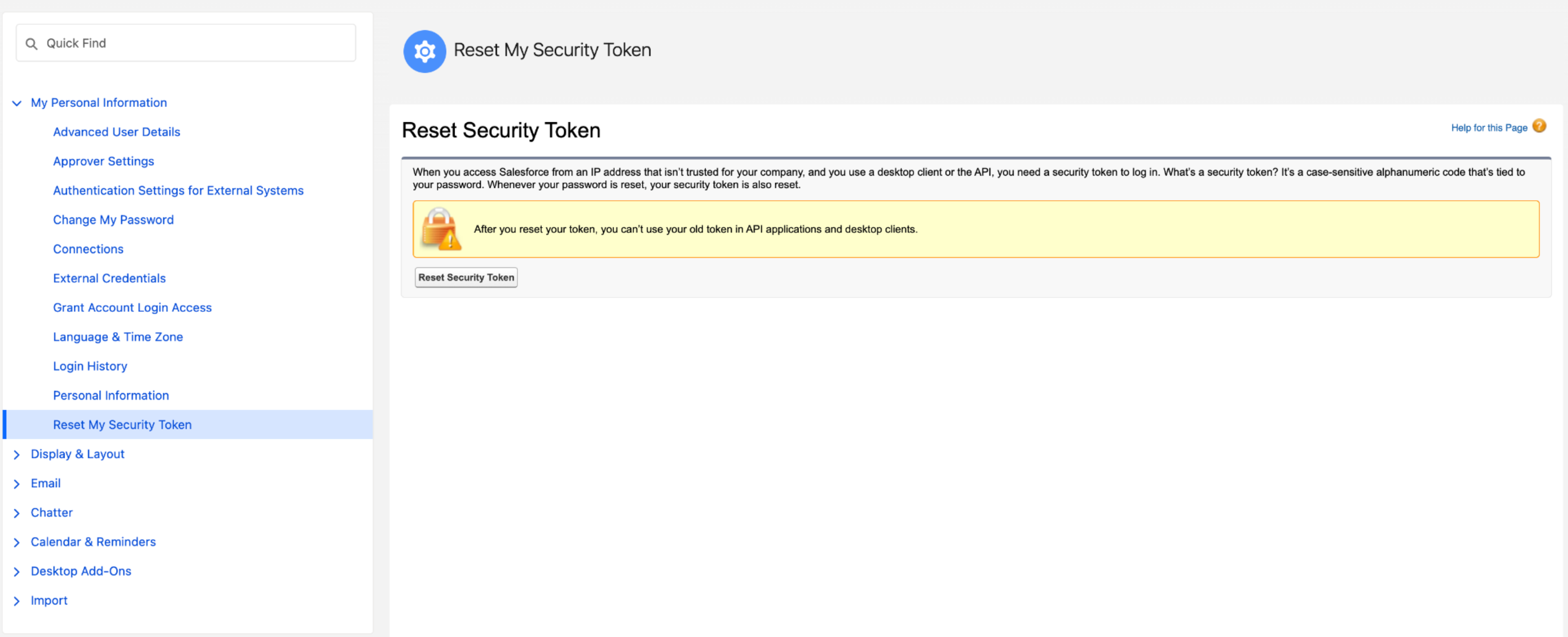 Reset Security Token button