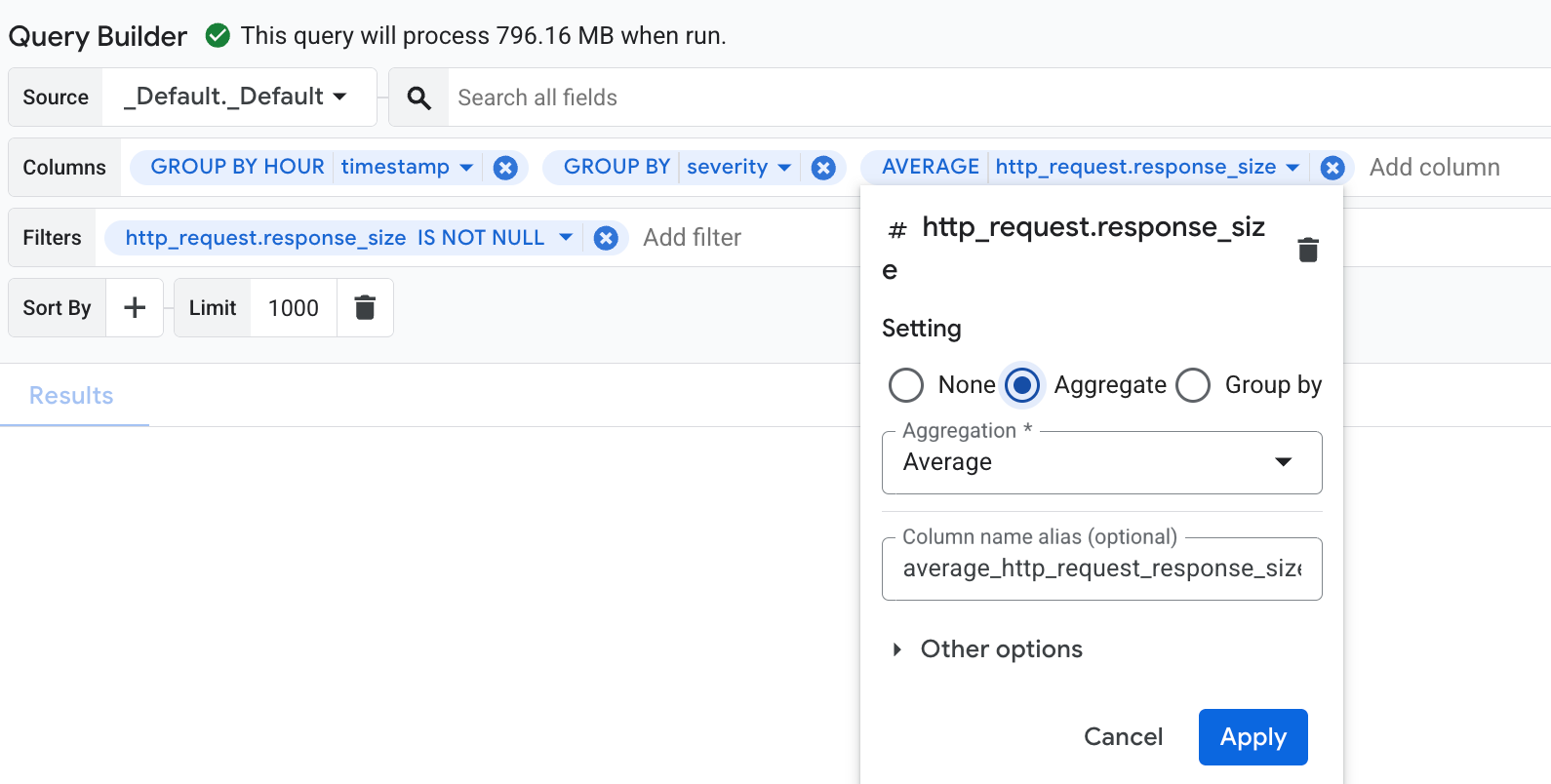 Aggregate and group by using the Query Builder menus.