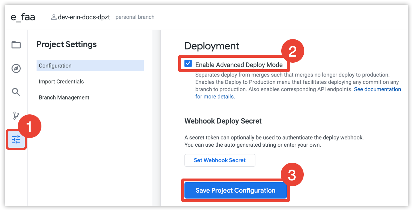 Enable Advanced Deploy Mode checkbox
