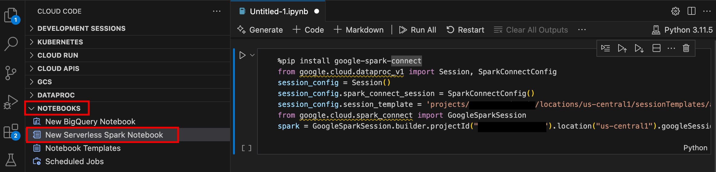 New Serverless Spark notebook in the VS Code console.